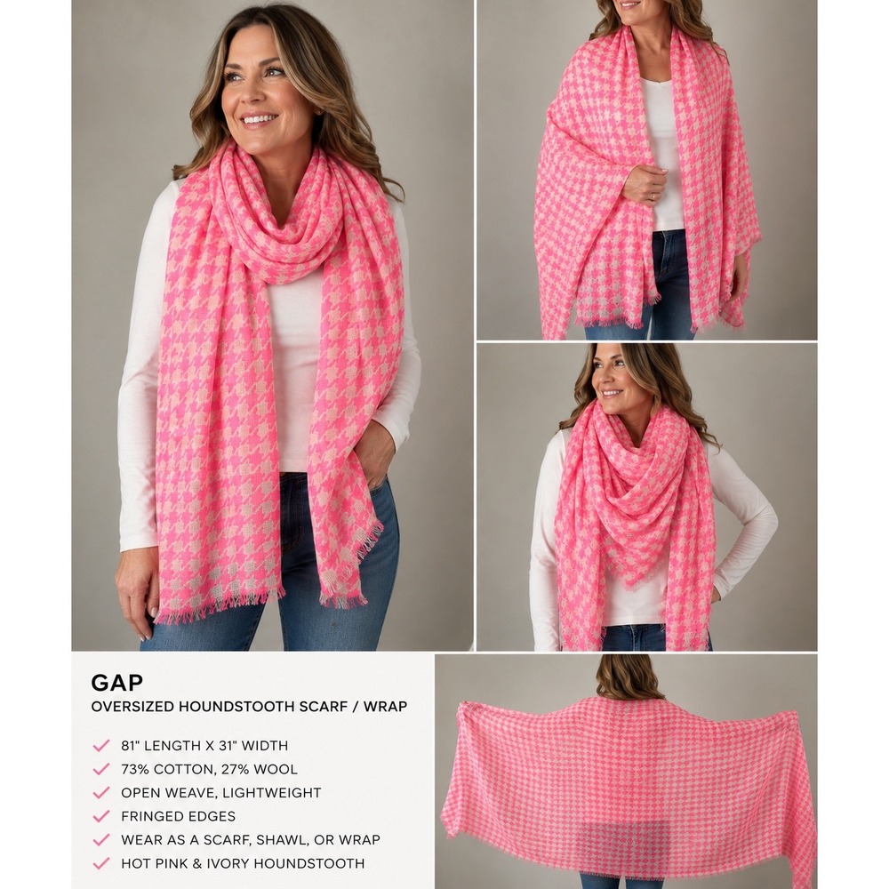 Gap Oversized Houndstooth Scarf Wrap Hot Pink Ivory Cotton Wool Blend Fringed